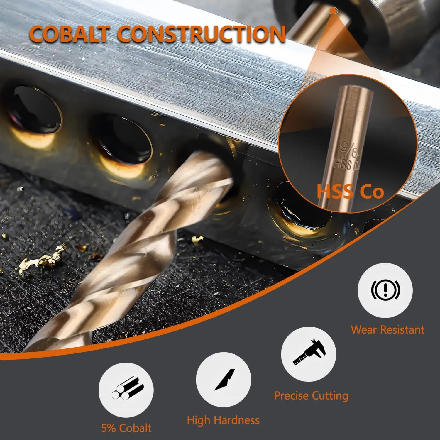 Hymnorq 23/64 Inches 5-Piece M35 Cobalt Steel Drill Bit Set with Tough PP Transparent Case, Dual Twist Flute, Bronze Finish, and 135° Split Point for Metalworking
