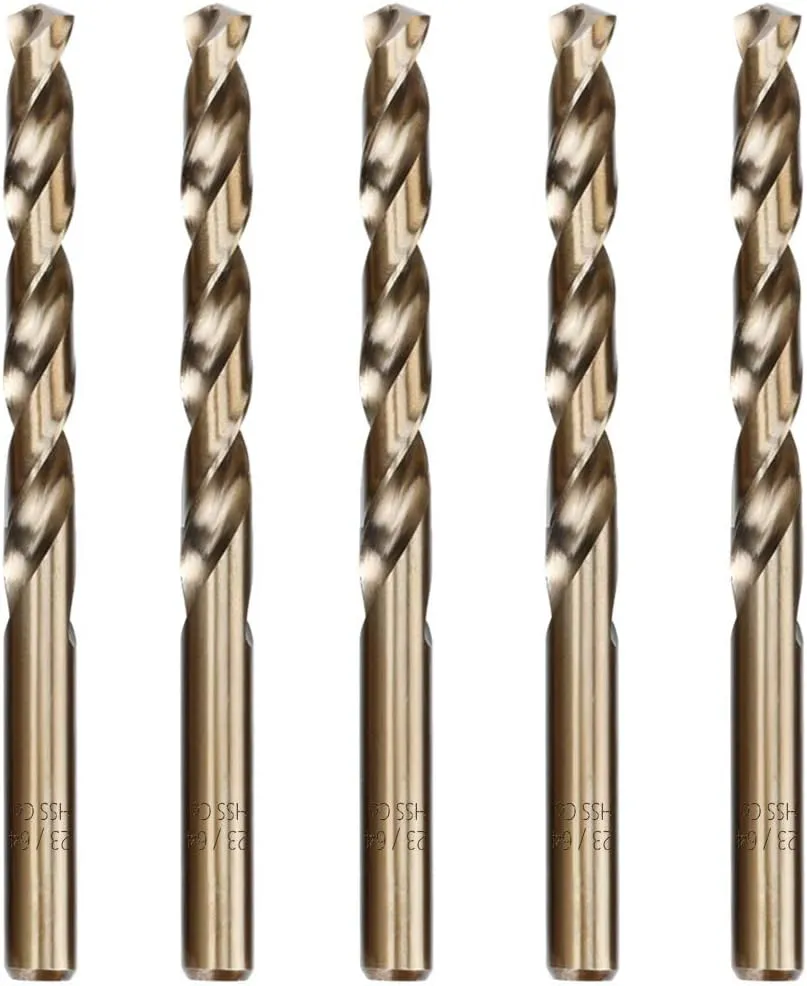 Hymnorq 23/64 Inches 5-Piece M35 Cobalt Steel Drill Bit Set with Tough PP Transparent Case, Dual Twist Flute, Bronze Finish, and 135° Split Point for Metalworking