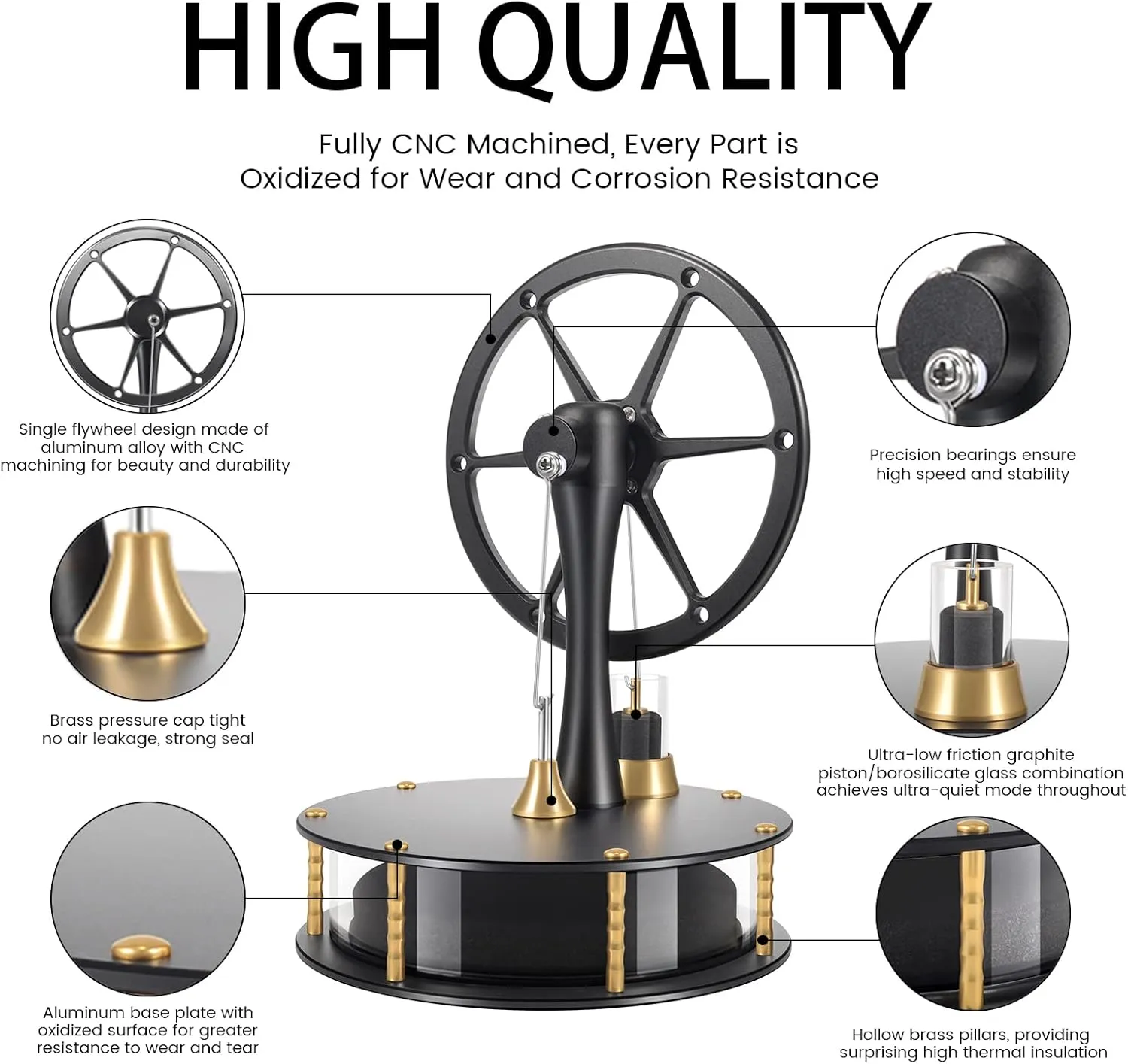 HZZ92 Low Temperature Stirling Engine DIY Heat Education Model Class Teaching Brass Aluminium Stirling Engine Low Friction Graphite Piston for Adults Desktop Toy Gift for Engineer-Black