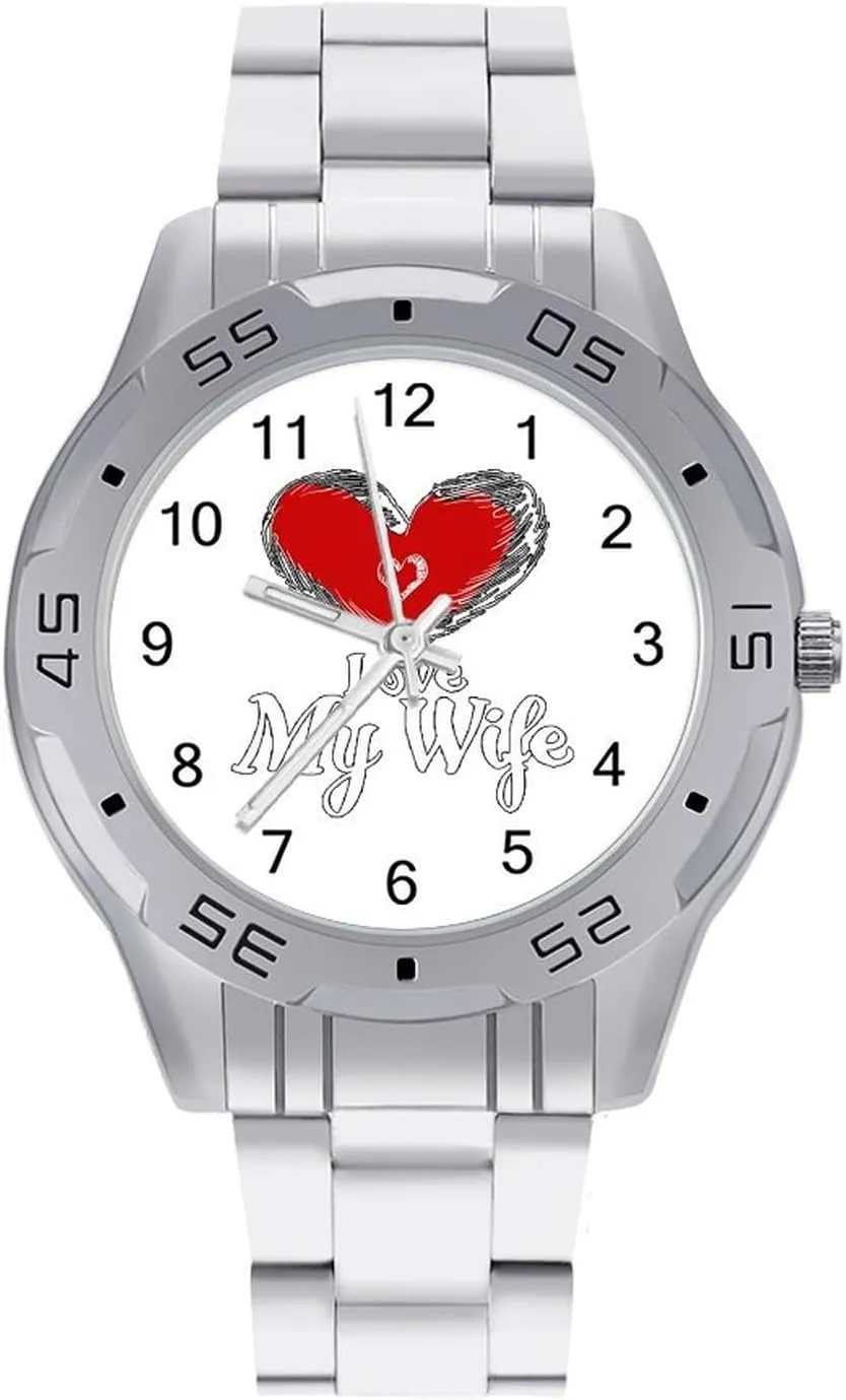 I Love My Wife with Heart Simple Stainless Steel Band Business Watch Dress Wrist Unique Luxury Work Casual Waterproof Watches