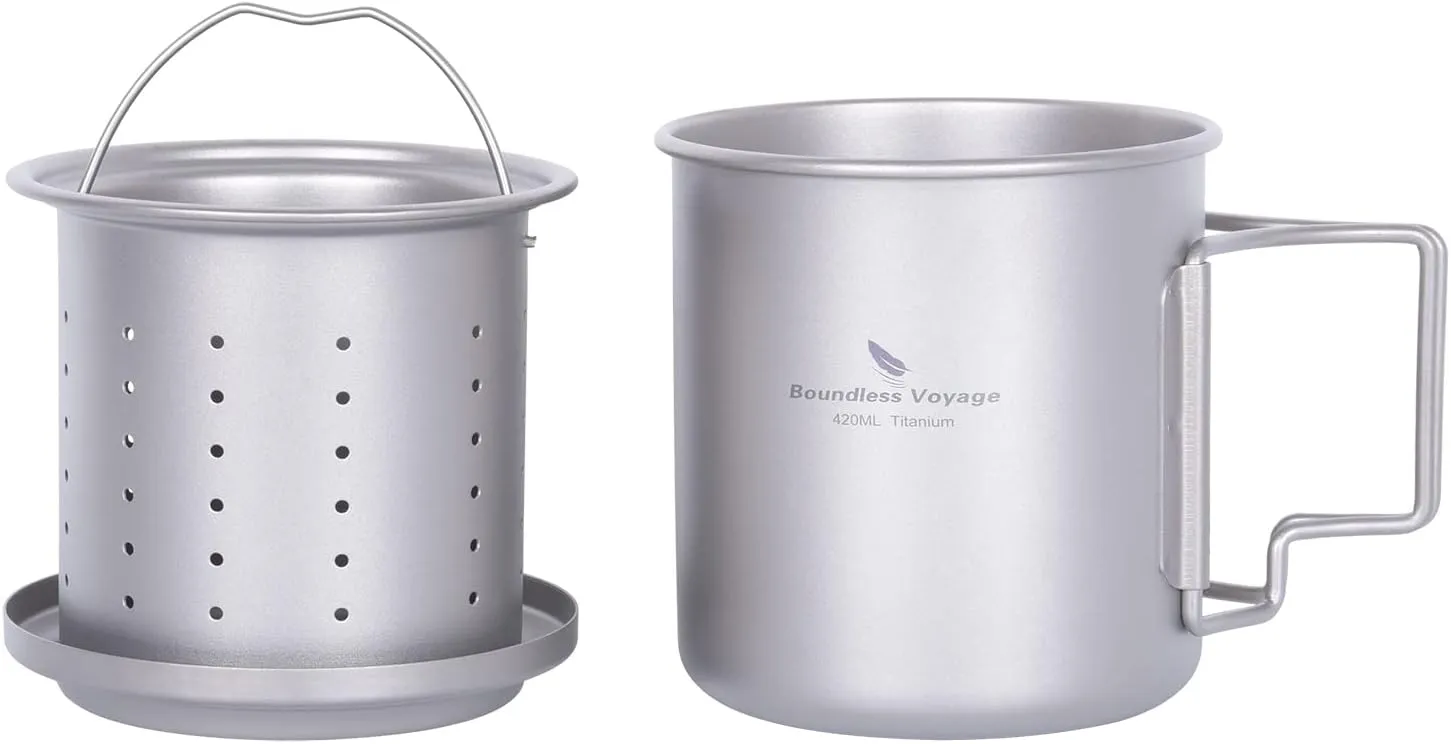 iBasingo 420ml/14.2floz Titanium Cup with Tea Strainer Folding Handle Portable Lightweight Tea Mug for Outdoor Camping Tea Maker Ti3054D