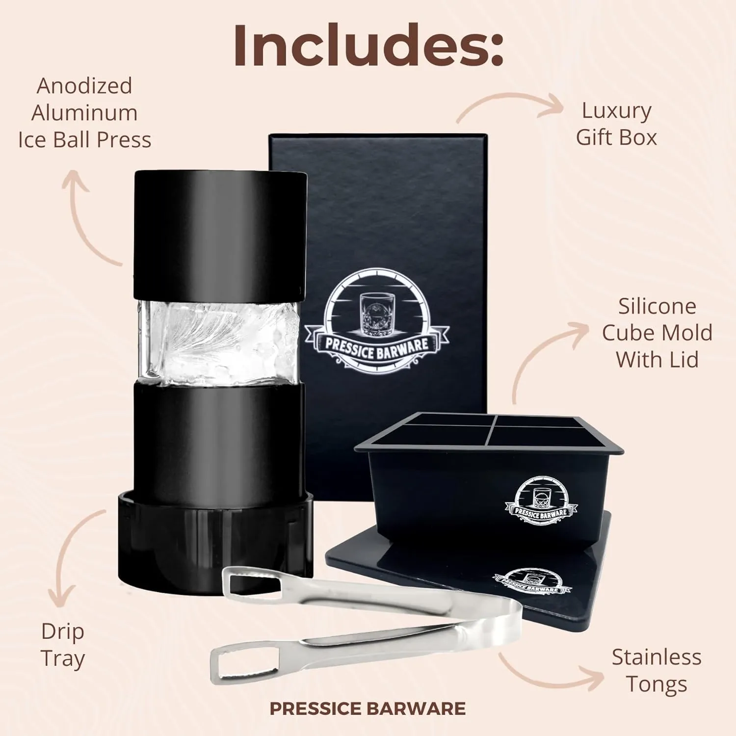 Ice Ball Press – Aluminum Ice Press for Father's Day Gift – Create Effortless Large Spheres – Includes Ice Tray – USA Small Business (Black Finish)