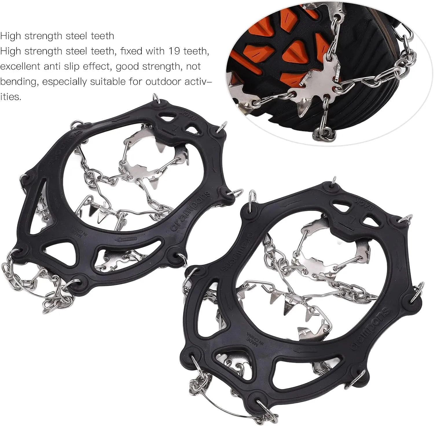 Ice Traction Rankings, Snow Handles with Strong Stainless Steel Tips for Mountaineering Mountaineering, Ecological Material, Black, 2 Crampons with Storage Bag