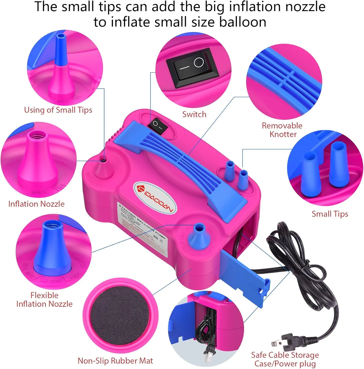 IDAODAN Electric Balloon Pump, Portable Electric Balloon Blower Machine Balloon Air Pump Dual Nozzle Rose Red 110V 600W Balloon Inflator for Party Decorations