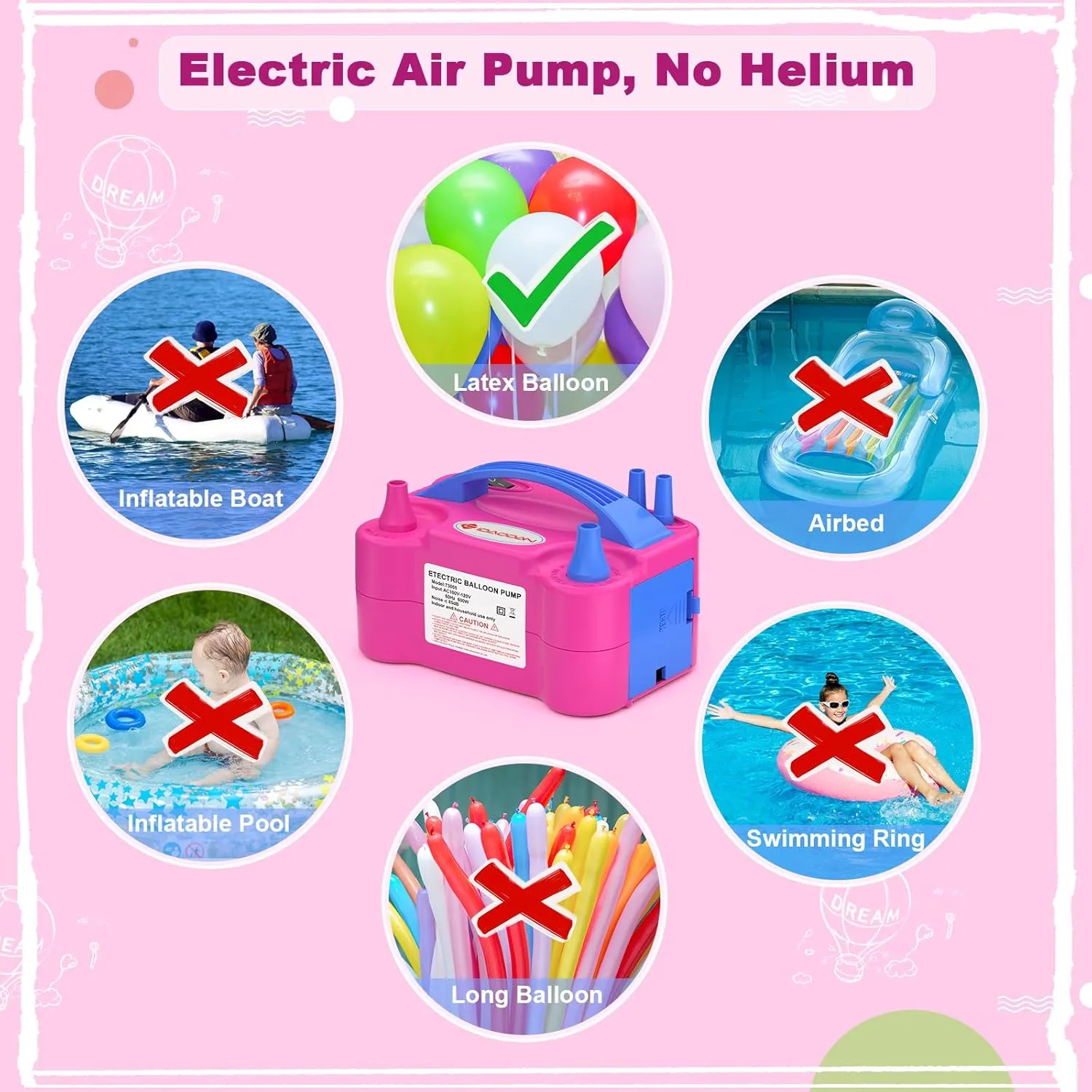 IDAODAN Electric Balloon Pump, Portable Electric Balloon Blower Machine Balloon Air Pump Dual Nozzle Rose Red 110V 600W Balloon Inflator for Party Decorations