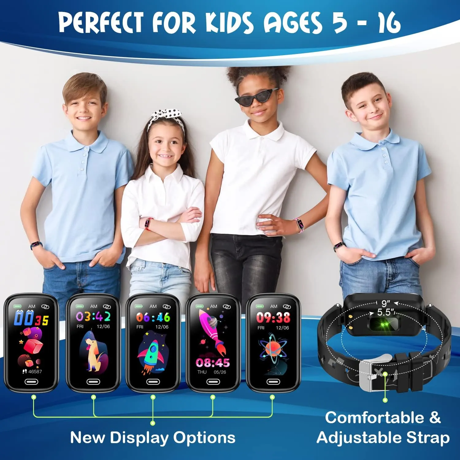 Inspiratek Kids Fitness Tracker for Age 5-16, 2022 Upgraded Kids Watch with Pedometer, Sleep Monitor & Calorie Counter, Fitness Watch for Girls & Boys (Black)