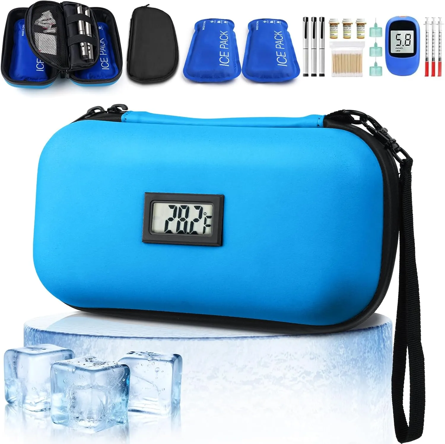 Insulin Cooler Travel Case TSA Approved Medication Travel Case,Diabetes Travel Companion,with Digital Temperature Display (℉),Diabetic Supplies Storage Organizer Cooler Bag & 2 Ice Packs -Blue