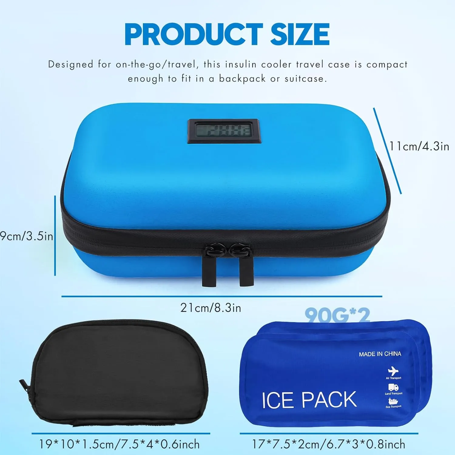 Insulin Cooler Travel Case TSA Approved Medication Travel Case,Diabetes Travel Companion,with Digital Temperature Display (℉),Diabetic Supplies Storage Organizer Cooler Bag & 2 Ice Packs -Blue