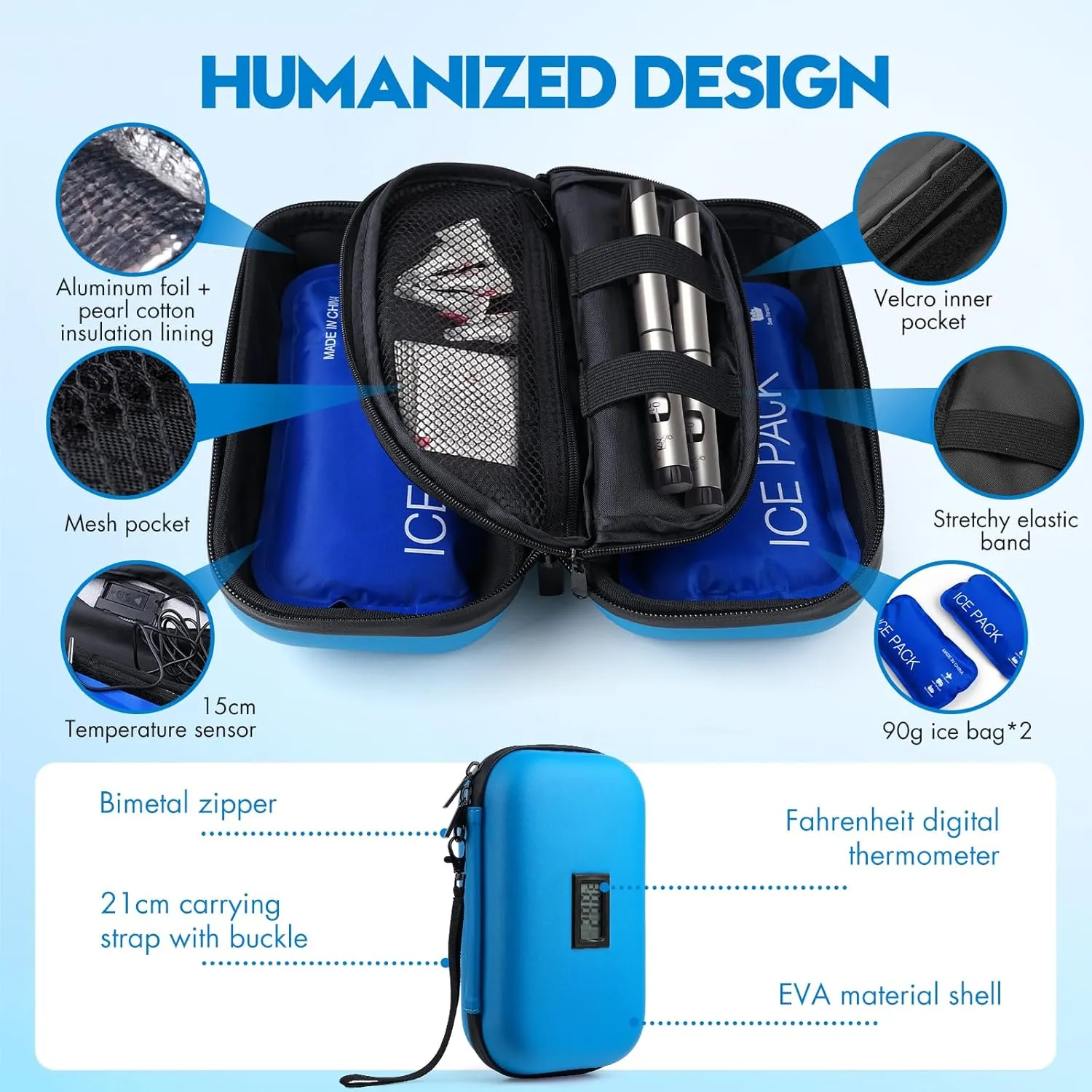 Insulin Cooler Travel Case TSA Approved Medication Travel Case,Diabetes Travel Companion,with Digital Temperature Display (℉),Diabetic Supplies Storage Organizer Cooler Bag & 2 Ice Packs -Blue