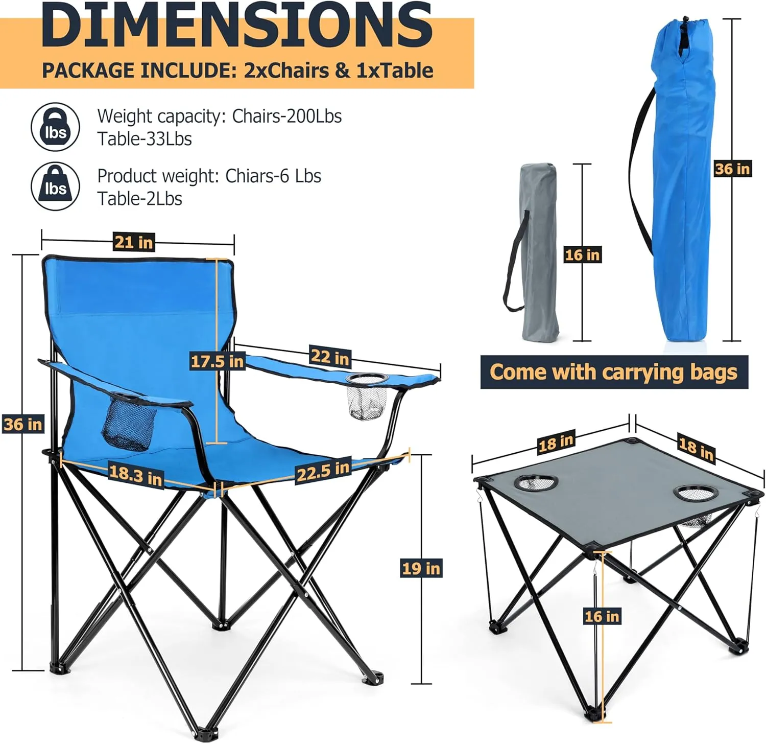 Joyfair Camping Chairs & Table Set(2 Chairs   1 Table), Heavy Duty Portable Outdoor Lawn Large Folding Chair for Adults, Ideal for Backpacking Fishing Hiking, Carry Bag & Cup Holder (Blue Chair)
