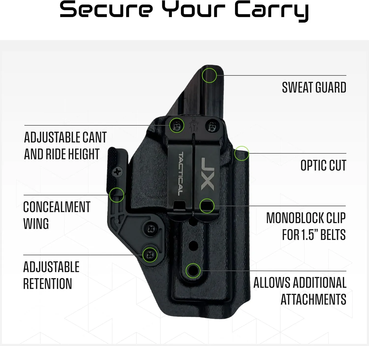 JX Tactical Inside Waist Band 2.0 - Concealed Carry Pistol Holster, Concealment Wing, Optics Ready - Made in USA