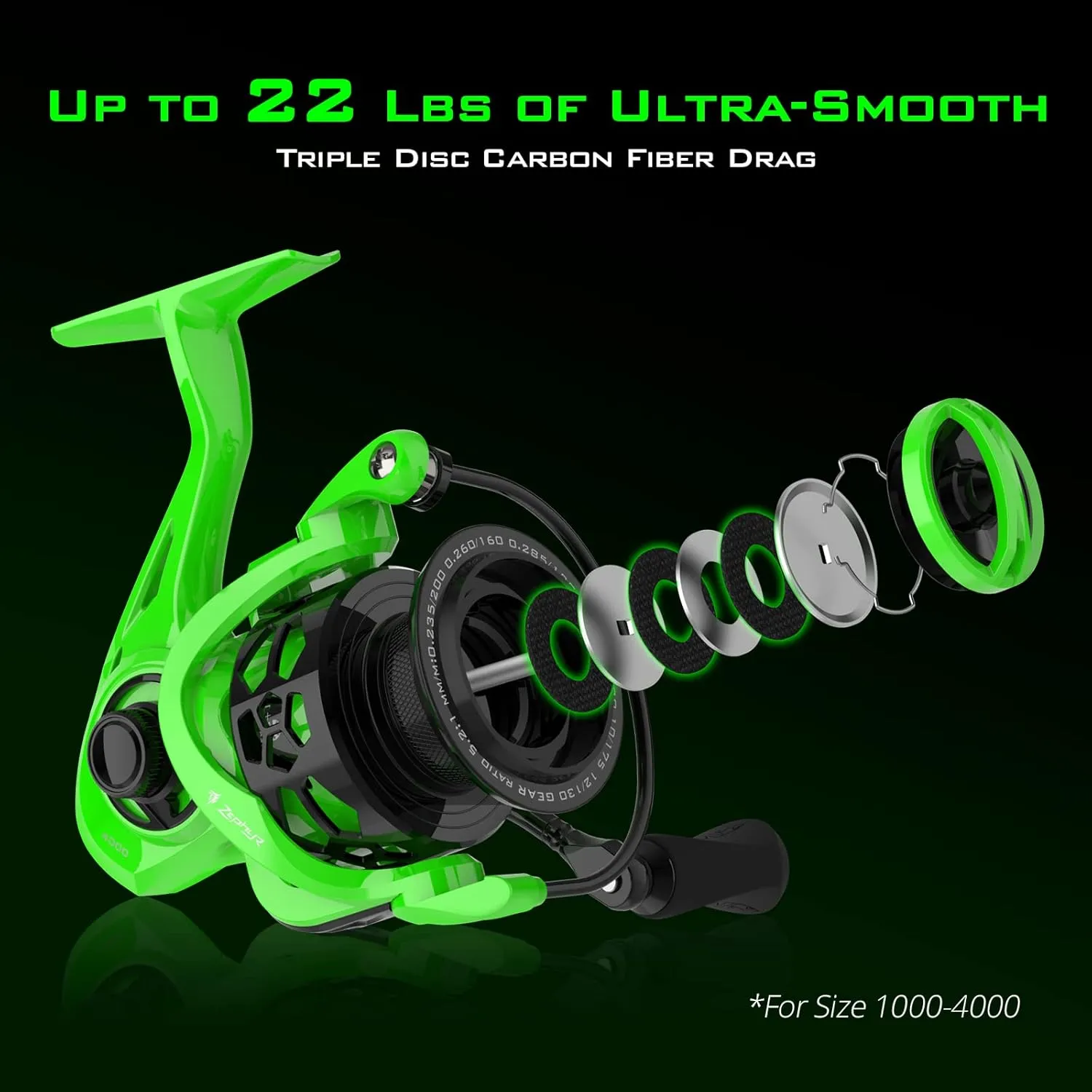 KastKing Zephyr Spinning Reels – 7 1/6 1 BB – Carbon Fiber Drag – Stainless Steel Shaft – Aluminum & CNC Spool – Black/Green/Orange – Sizes 500/1000 SFS – Ultralight to Heavy-Duty