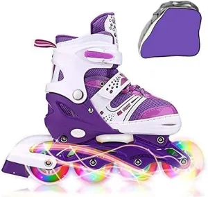 Kids Adjustable Flashing Inline Skates for Boys Girls and Adults with Full Light Up Wheels, Outdoor Roller Skates for Kids Beginner Ages 6-8-12-14, Men and Women