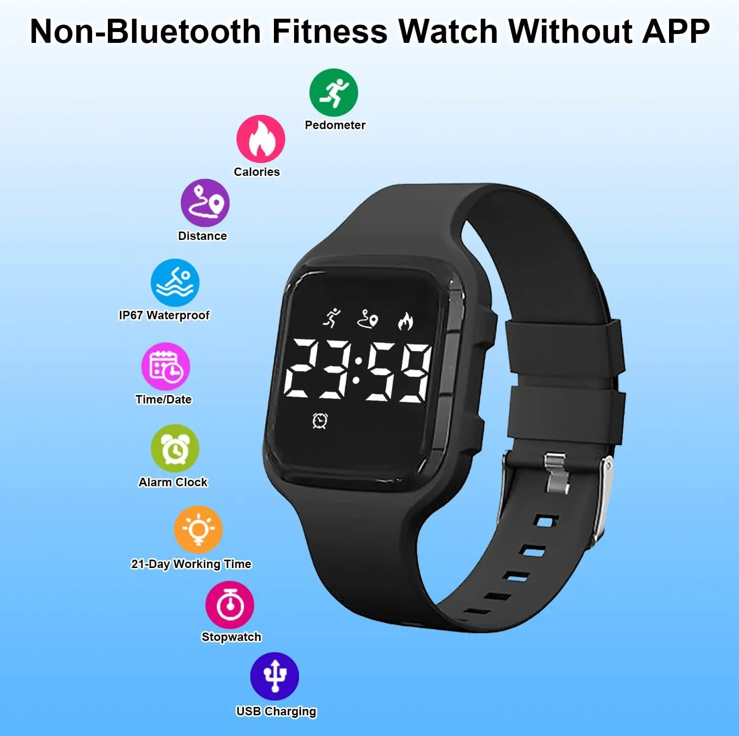Kids Fitness Pedometer Watch Without App/Bluetooth,LED Sports Watch with Timer Calories/Distance/Step Counter,2 Alarm Clocks,21 Days Battery Life Rechargeable Digital Watch for Boy Girl Kids