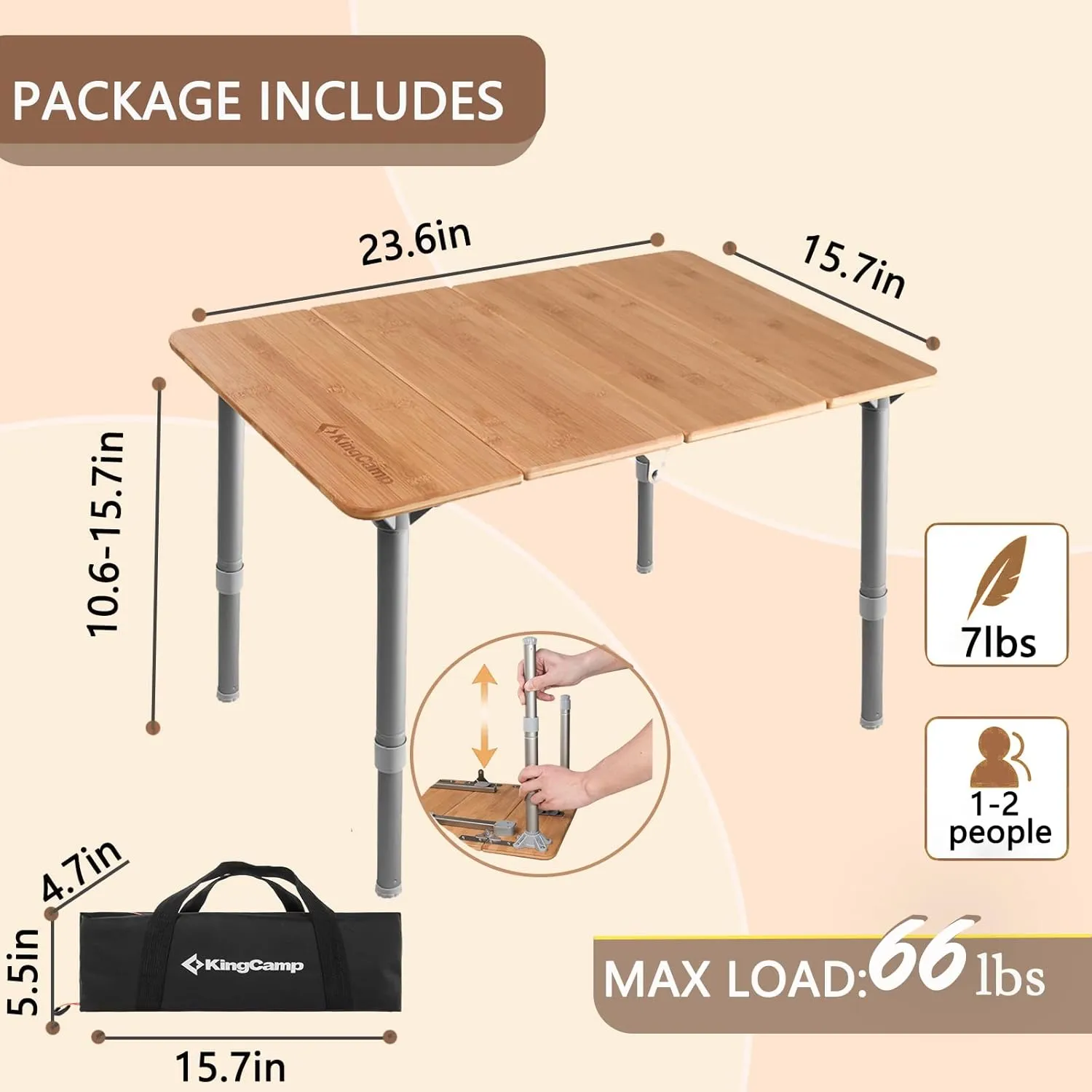 KingCamp Bamboo Adjustable, Anti-UV Portable Folding Table, Picnic, Camping, Three Heights,2-6 People, 23.6x15.7x10.6/15.7in, Yellow_23.6"x15.7", 2 Person