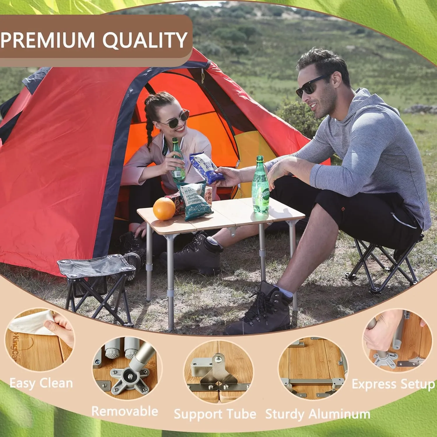 KingCamp Bamboo Adjustable, Anti-UV Portable Folding Table, Picnic, Camping, Three Heights,2-6 People, 23.6x15.7x10.6/15.7in, Yellow_23.6"x15.7", 2 Person
