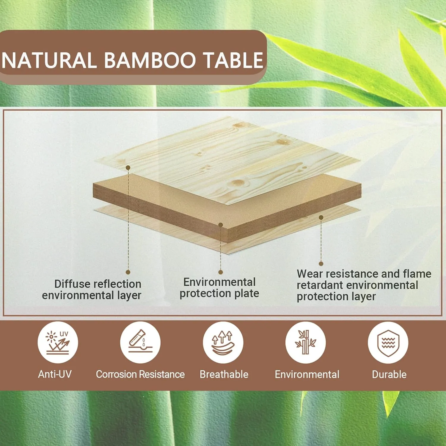 KingCamp Bamboo Adjustable, Anti-UV Portable Folding Table, Picnic, Camping, Three Heights,2-6 People, 23.6x15.7x10.6/15.7in, Yellow_23.6"x15.7", 2 Person