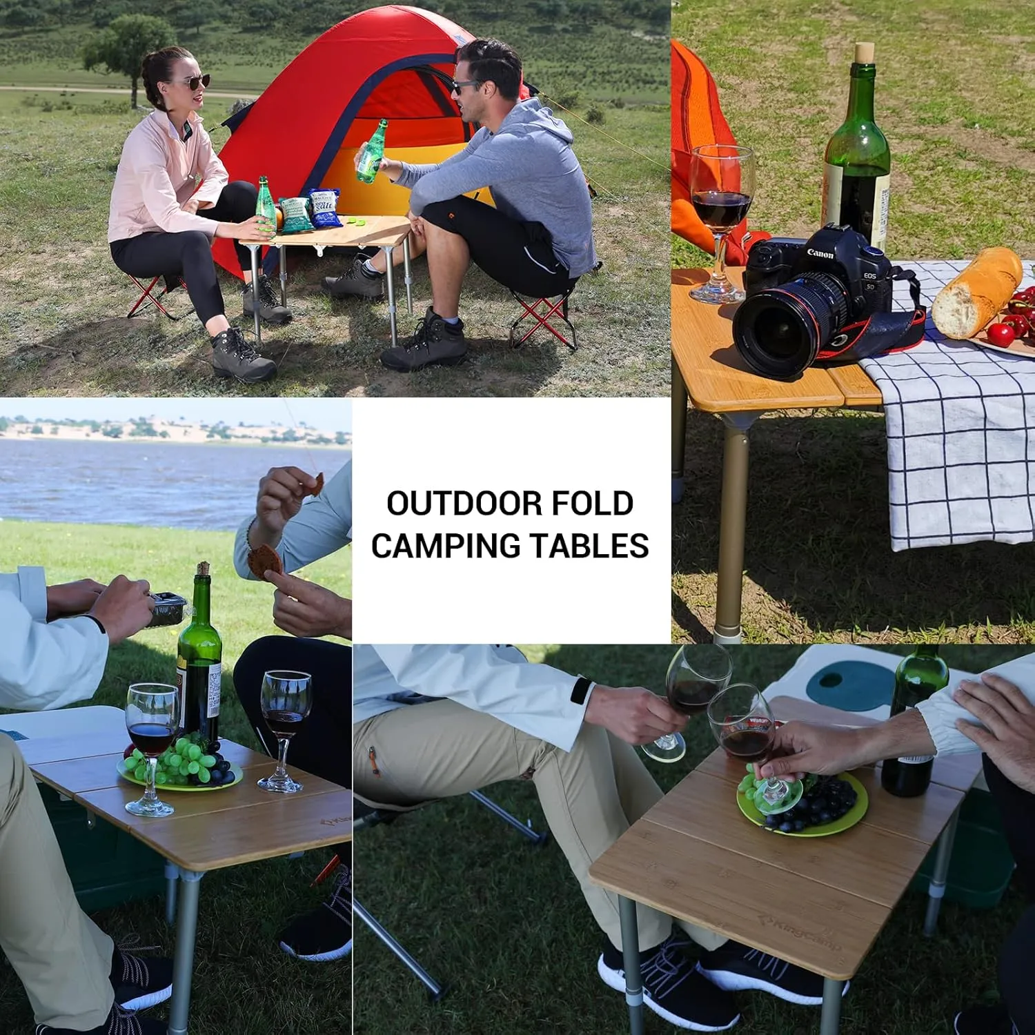 KingCamp Bamboo Adjustable, Anti-UV Portable Folding Table, Picnic, Camping, Three Heights,2-6 People, 23.6x15.7x10.6/15.7in, Yellow_23.6"x15.7", 2 Person