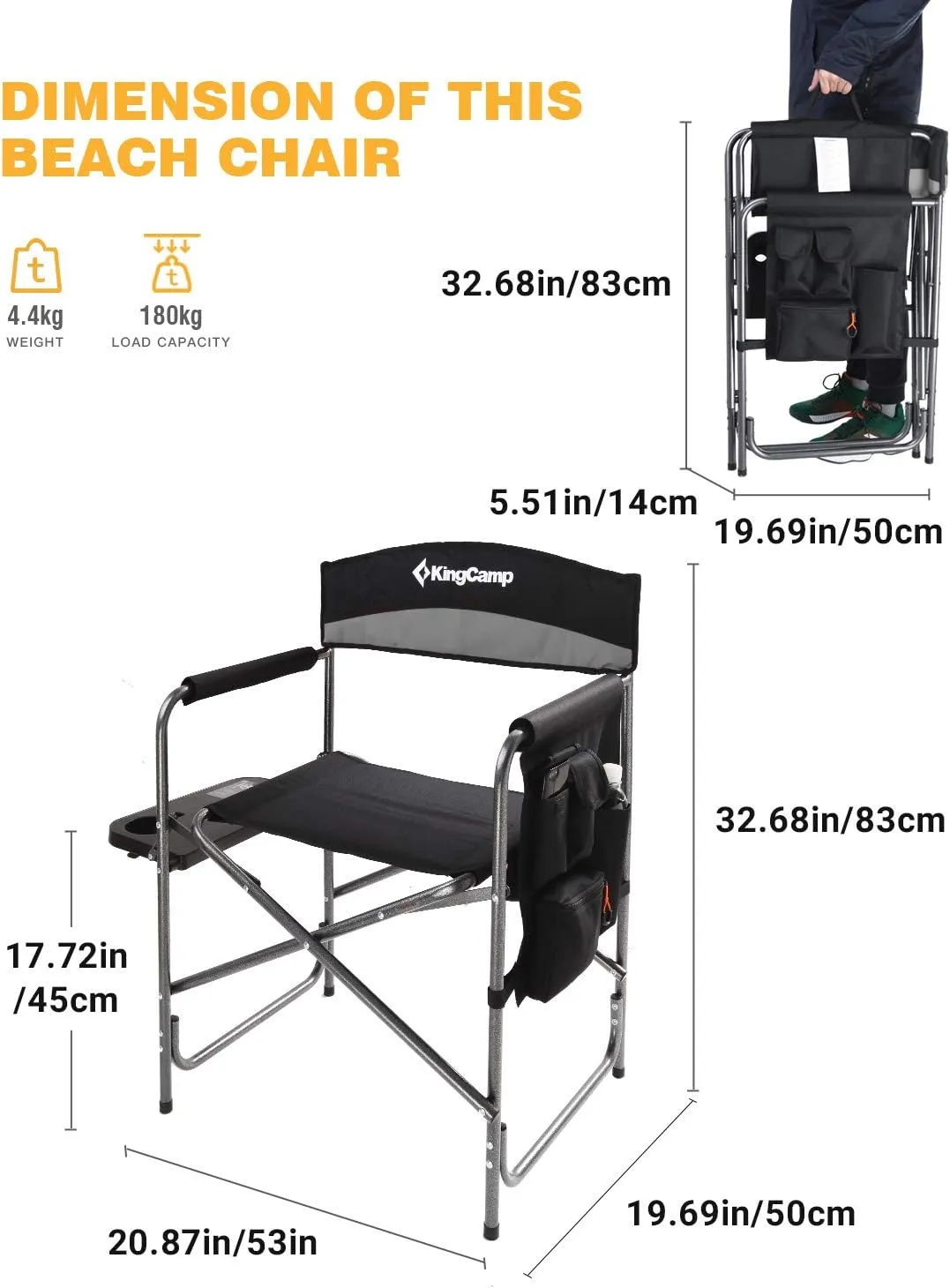 KingCamp Camping Foldable Padded Director Arm Chair with Side Table and Pocket, Grey