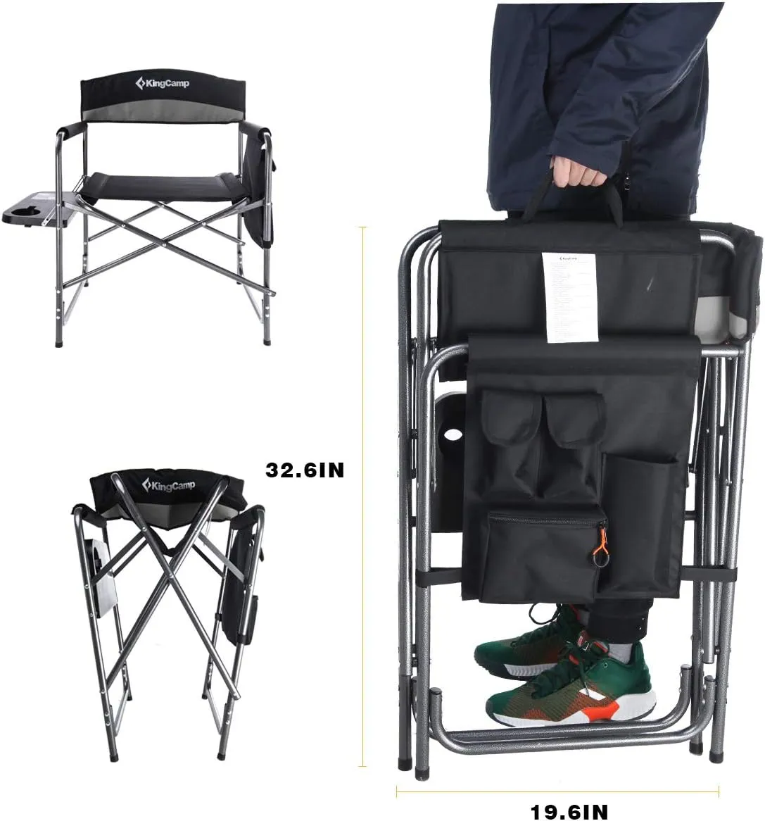 KingCamp Camping Foldable Padded Director Arm Chair with Side Table and Pocket, Grey