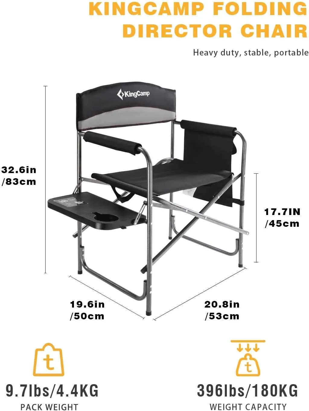 KingCamp Camping Foldable Padded Director Arm Chair with Side Table and Pocket, Grey