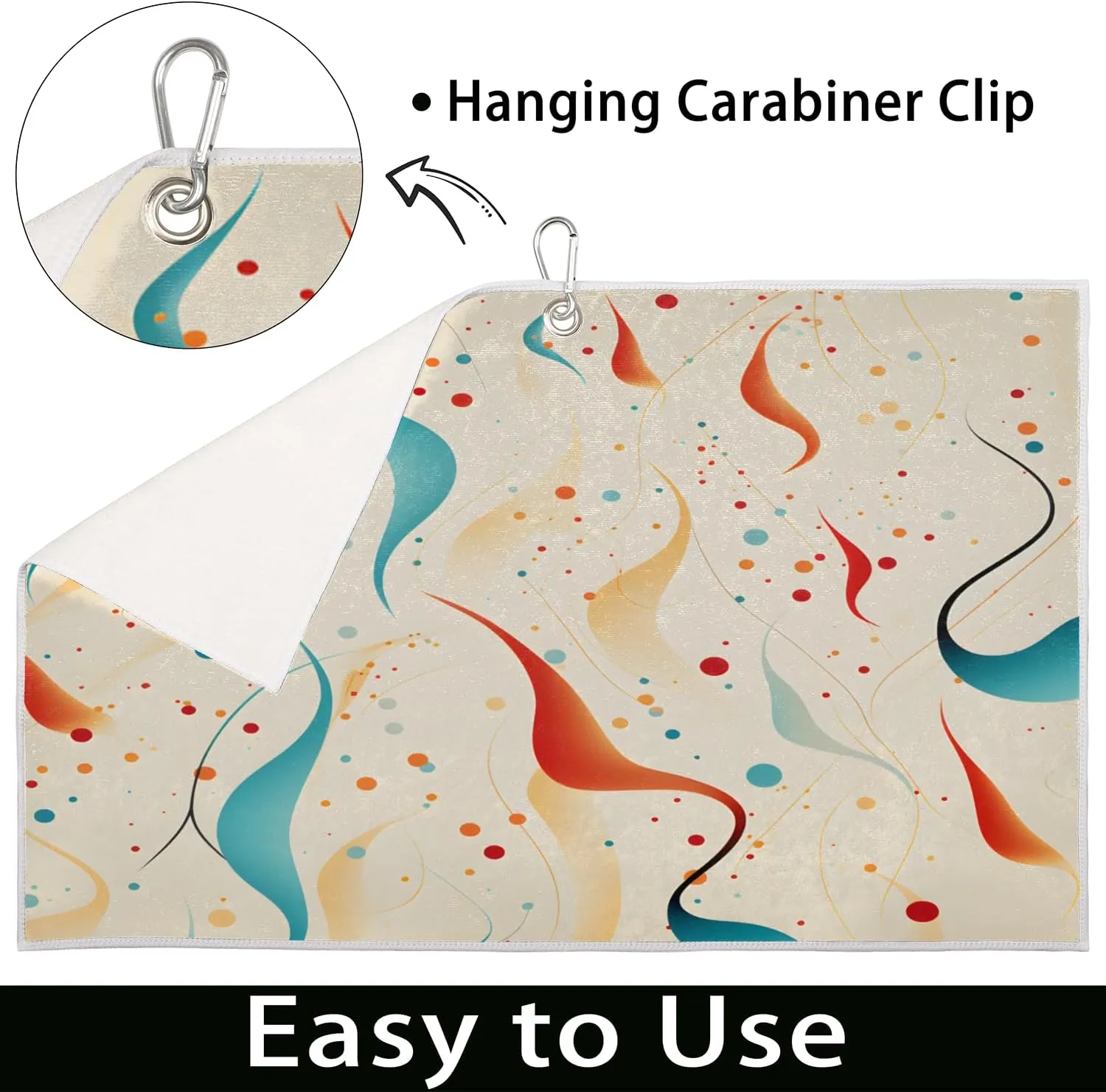 KOBLEN Microfiber Golf Towel with Heavy Duty Carabiner Clip, Curved Line Dots 24x15 Inch Quick Dry Absorbent Towel for Golf Clubs Balls, Golf Bag Accessories for Men Women,1 Pack