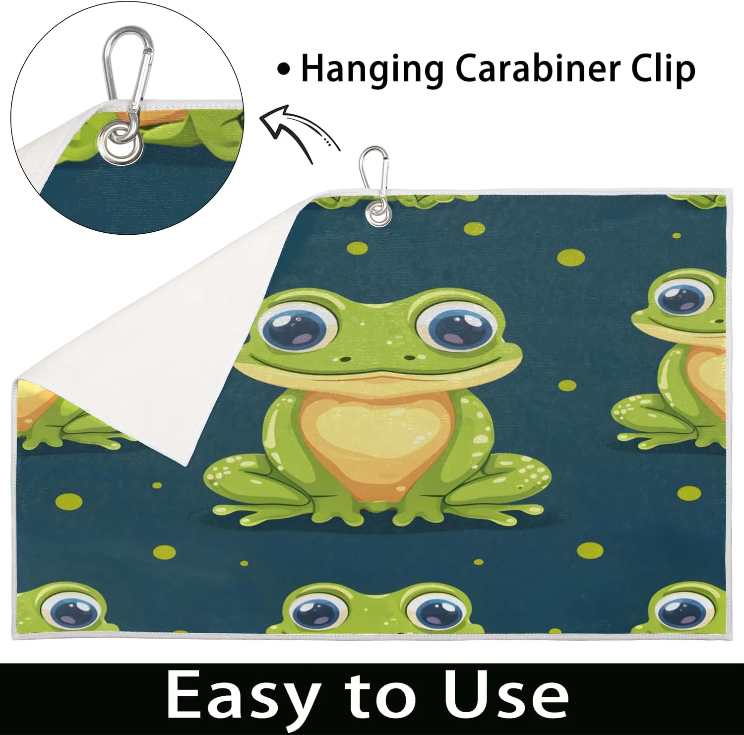 KOBLEN Microfiber Golf Towel with Heavy Duty Carabiner Clip, Frog Polka Dots 24x15 Inch Quick Dry Absorbent Towel for Golf Clubs Balls, Golf Bag Accessories for Men Women,1 Pack
