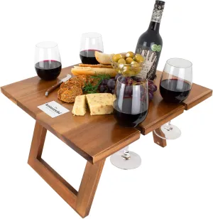 Komorebi Portable Picnic Table - Custom Acacia Picnic Tray with Wine and Champagne Holder - Foldable for Beach Picnic - Outdoor Folding and Camping Tray with Cup Holders - Compact Gift for Couples