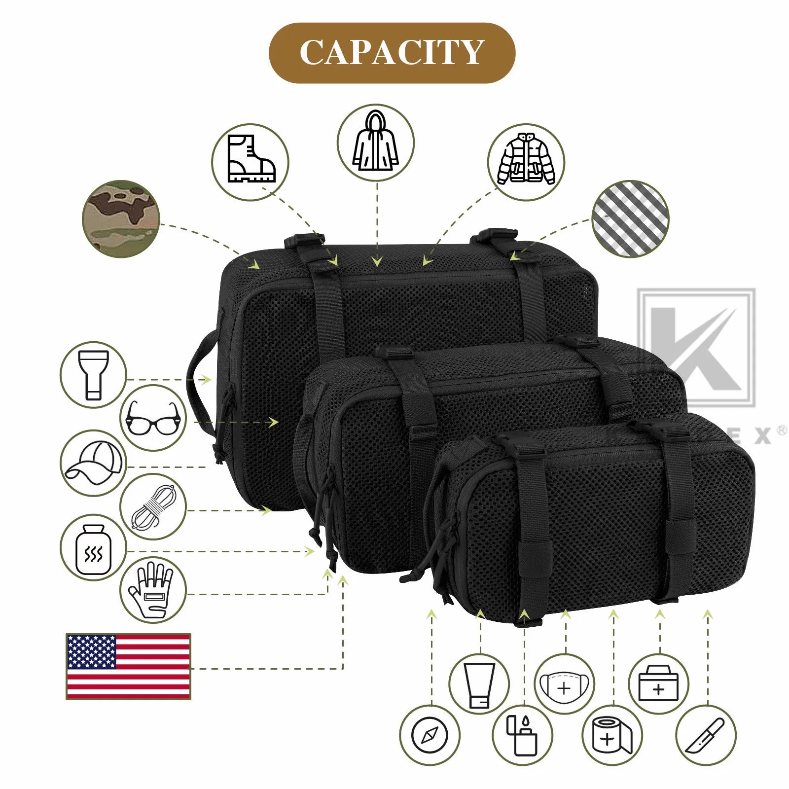 KRYDEX Tactical Modular Pouch Set Outdoor Backpack Organizer Travel Suitcase Packing Cubes