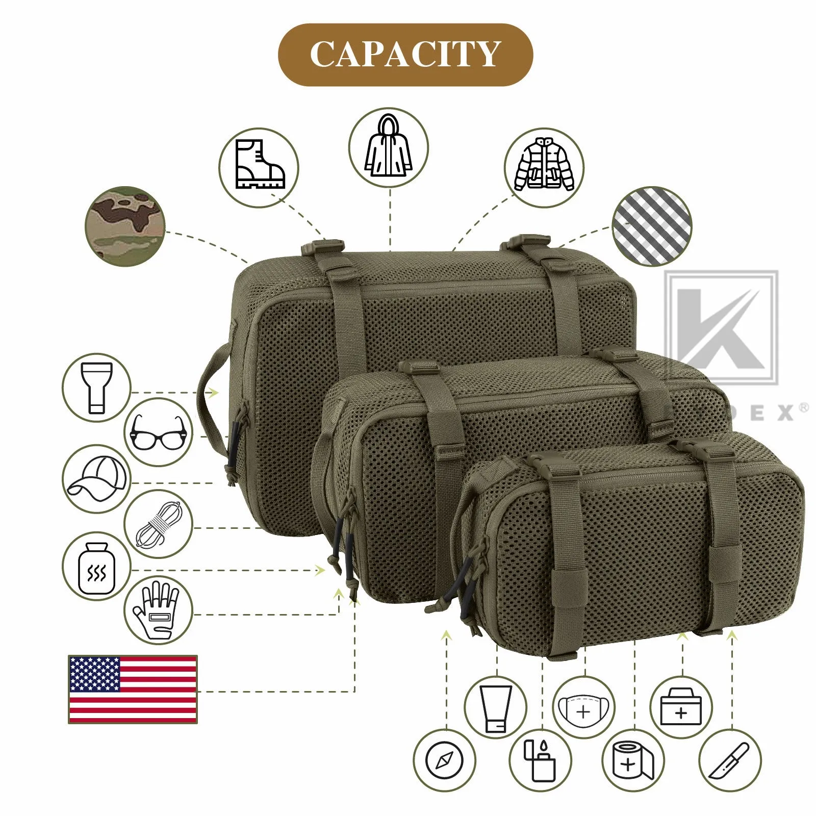 KRYDEX Tactical Modular Pouch Set Outdoor Backpack Organizer Travel Suitcase Packing Cubes