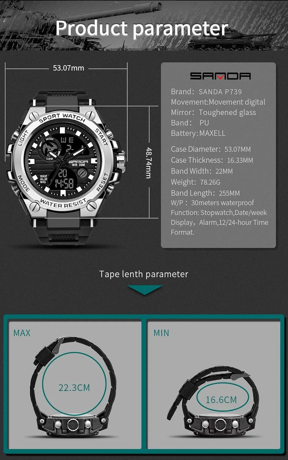 KXAITO Men's Watches Sports Outdoor Waterproof Military Watch Date Multi Function Tactics LED Alarm Stopwatch