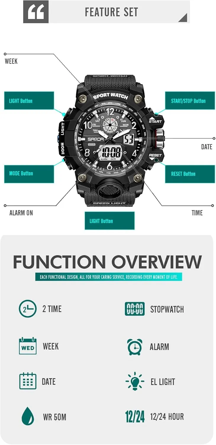 KXAITO Men's Watches Sports Outdoor Waterproof Military Wrist Watch Date Multi Function Tactics LED Alarm Stopwatch