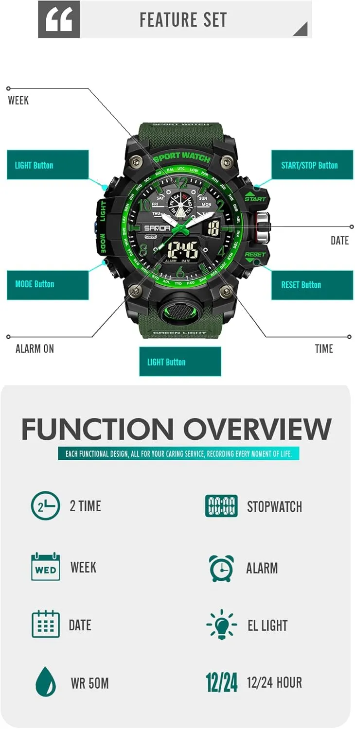 KXAITO Men's Watches Sports Outdoor Waterproof Military Wrist Watch Date Multi Function Tactics LED Alarm Stopwatch