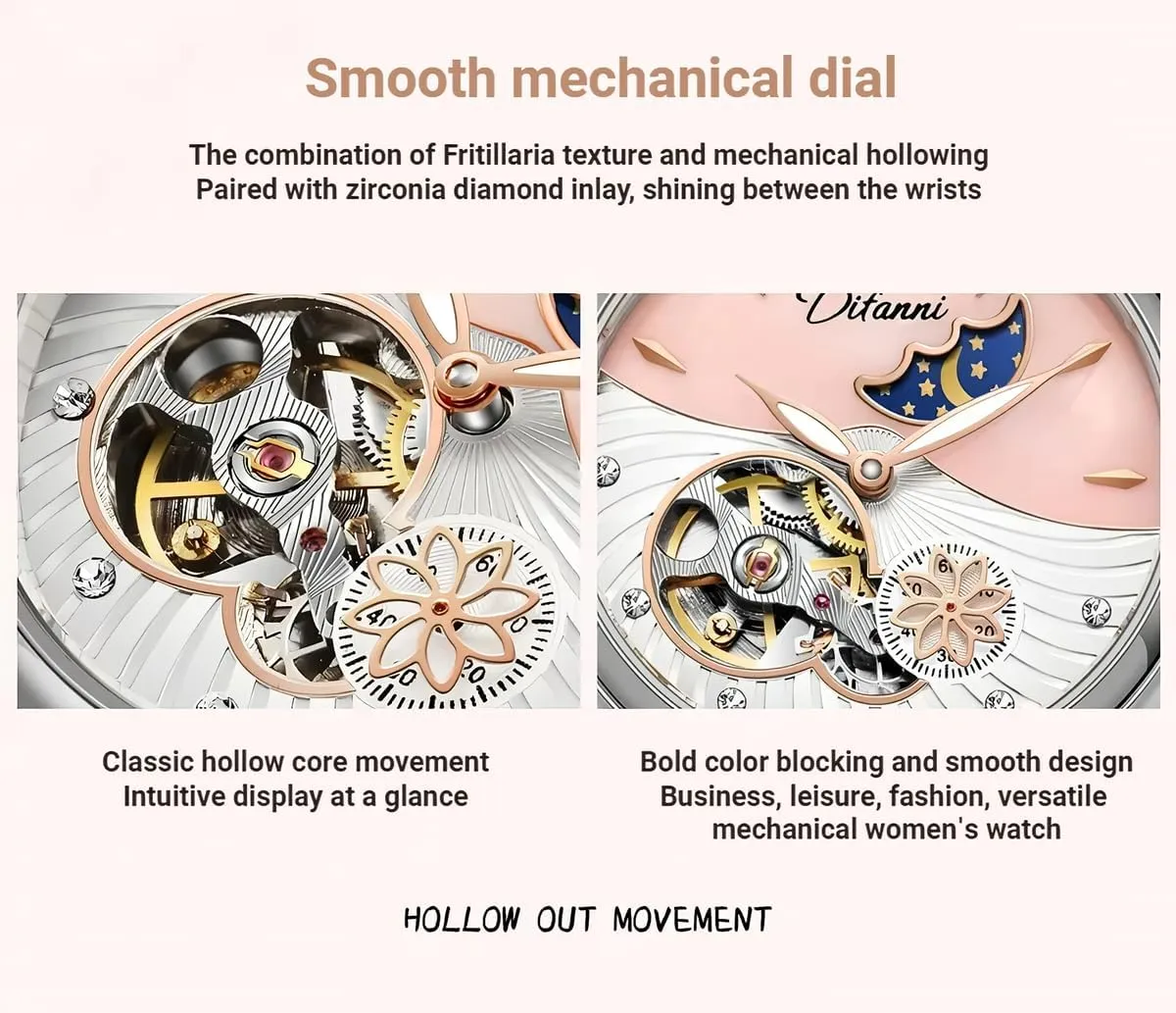 Lady Automatic Mechanical Watches Rotatable Flowers Female Watch Women Luxury Fashion Moon Phase Waterproof Luminous Clock