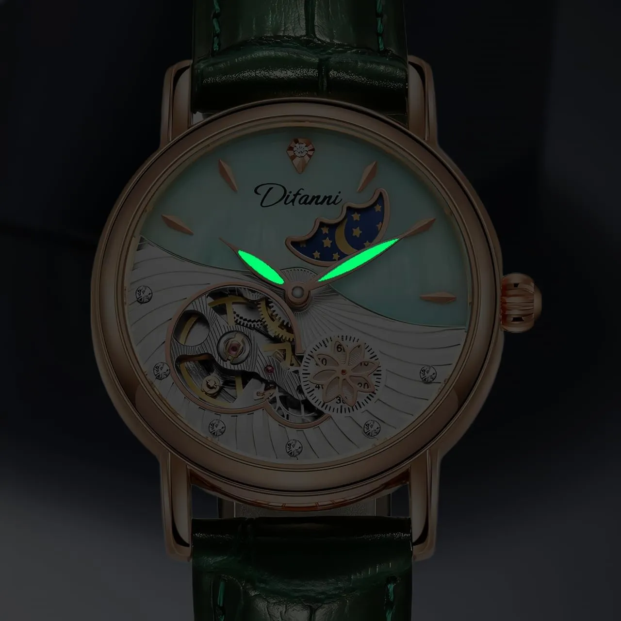 Lady Automatic Mechanical Watches Rotatable Flowers Female Watch Women Luxury Fashion Moon Phase Waterproof Luminous Clock