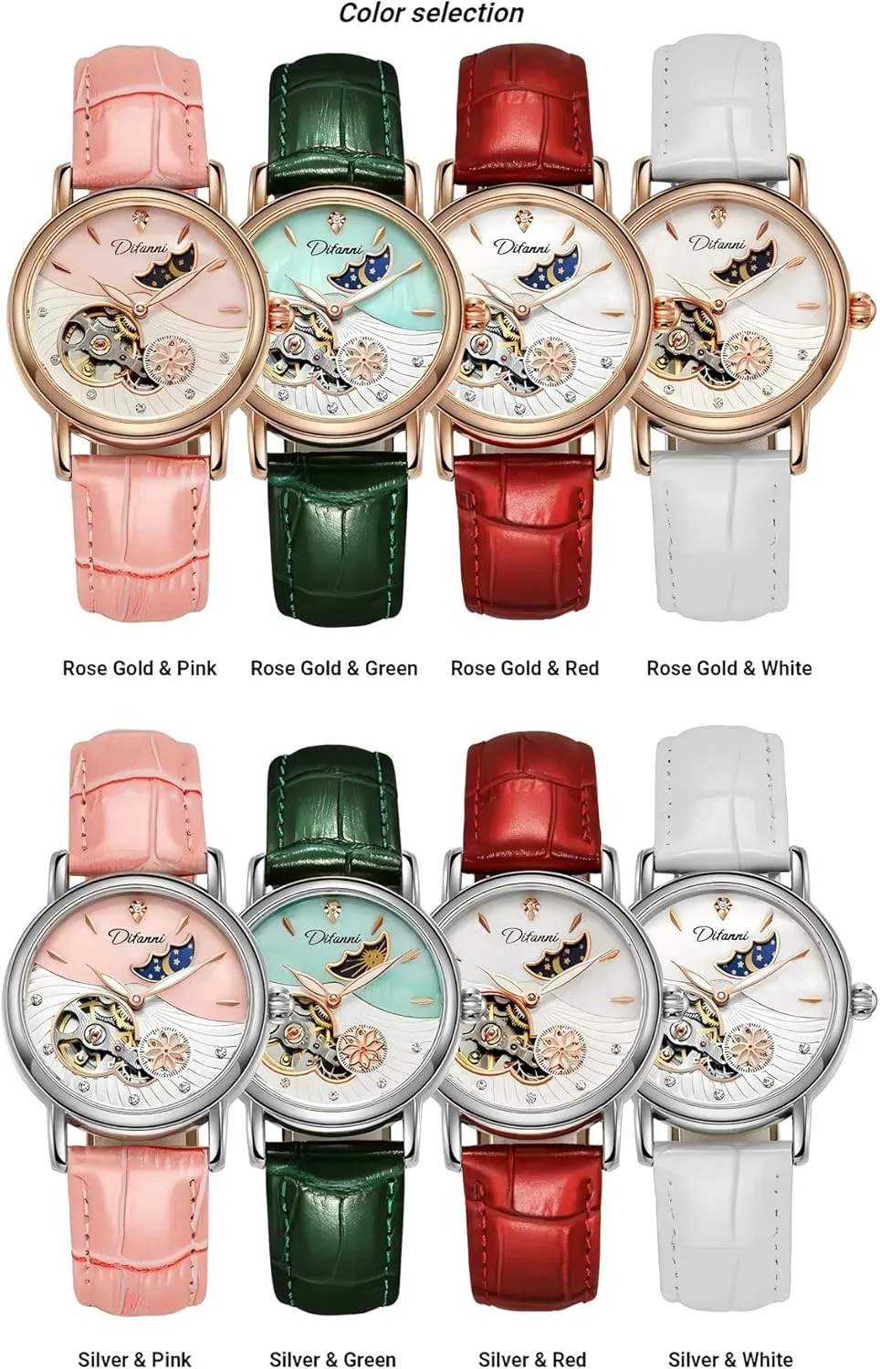 Lady Automatic Mechanical Watches Rotatable Flowers Female Watch Women Luxury Fashion Moon Phase Waterproof Luminous Clock