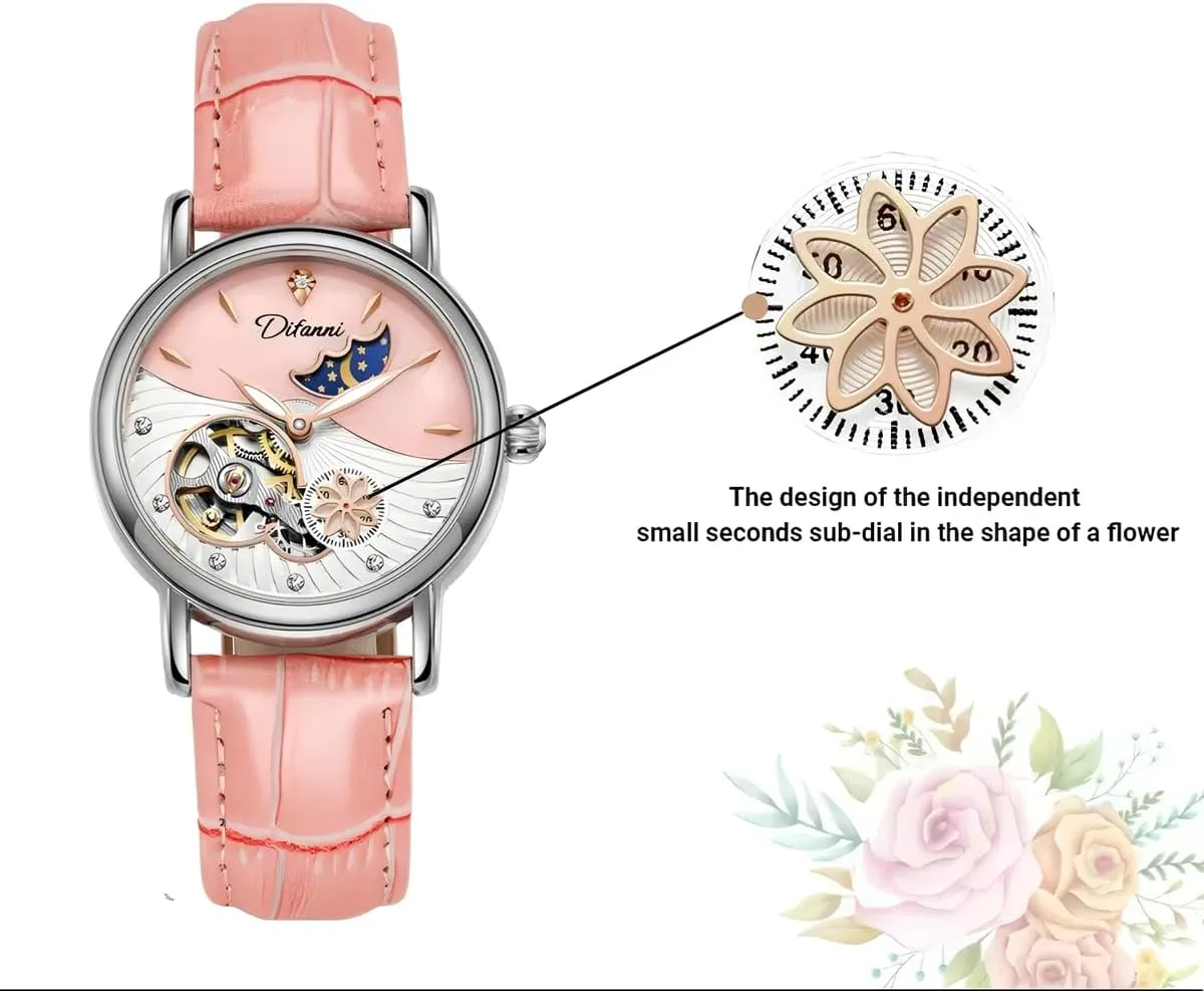 Lady Automatic Mechanical Watches Rotatable Flowers Female Watch Women Luxury Fashion Moon Phase Waterproof Luminous Clock