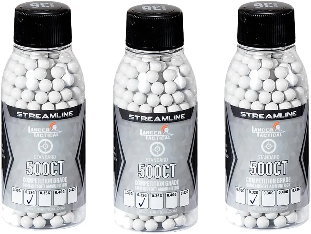 Lancer Tactical Mini Bottle 500 Round Streamline Competition Grade Airsoft BBS 0.30g/0.32g/0.36g/ 0.40g/ 0.43g (3 Pack Total 1,500 Rounds)