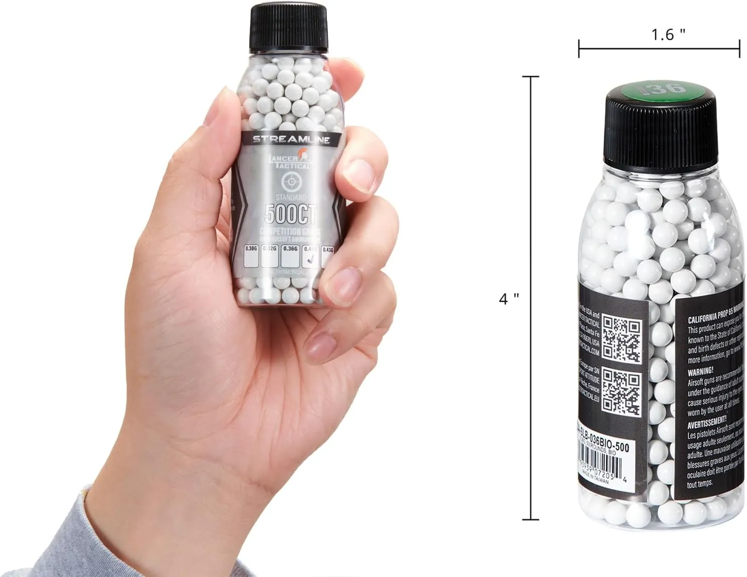 Lancer Tactical Mini Bottle 500 Round Streamline Competition Grade Airsoft BBS 0.30g/0.32g/0.36g/ 0.40g/ 0.43g (3 Pack Total 1,500 Rounds)