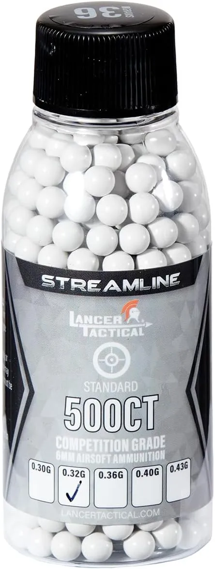 Lancer Tactical Mini Bottle 500 Round Streamline Competition Grade Airsoft BBS 0.30g/0.32g/0.36g/ 0.40g/ 0.43g (3 Pack Total 1,500 Rounds)