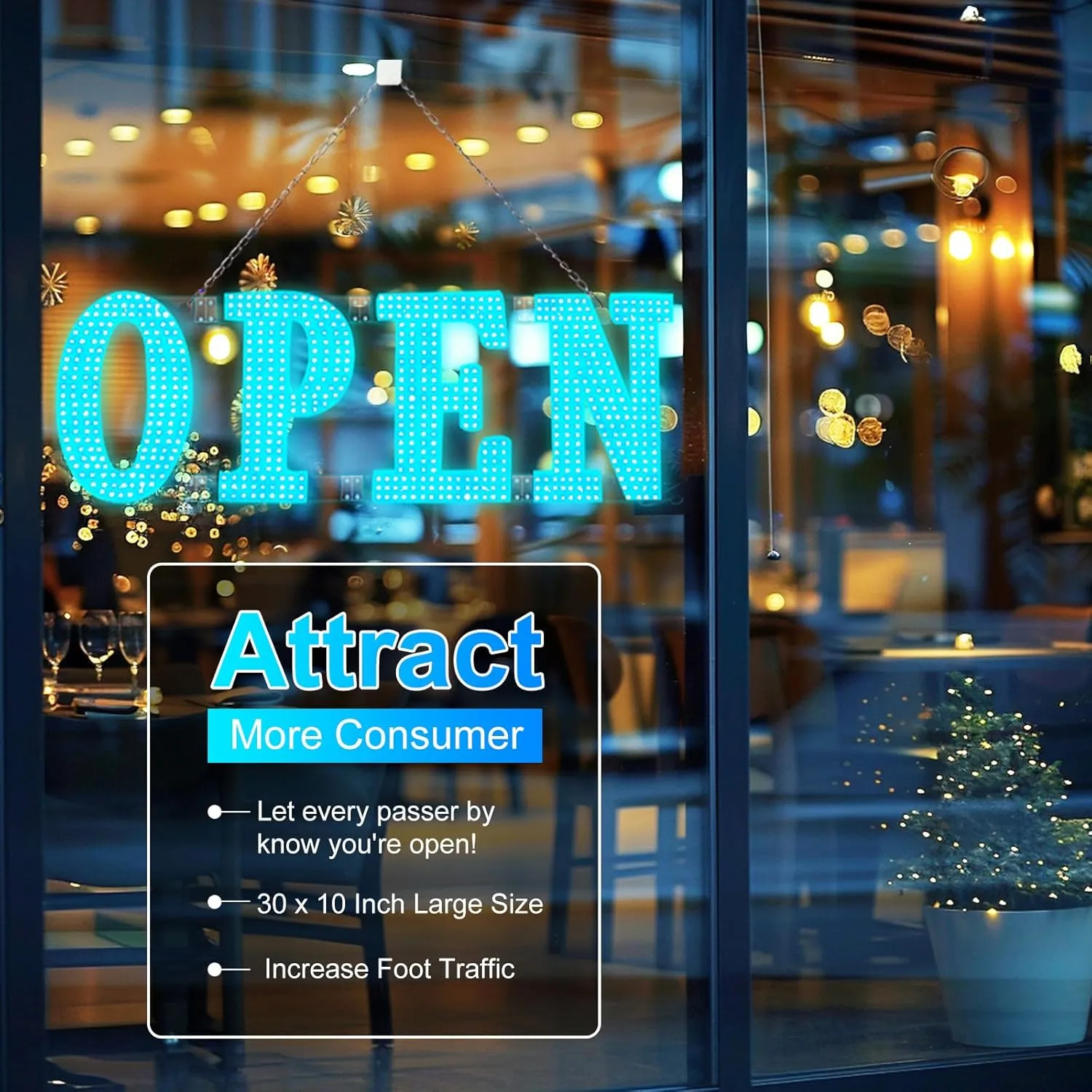 Large LED Open Signs for Buiness with 13 Scene Modes, 40" x 14" Unique Design Ice Blue Open Sign for Business Hour Open Sign for Window Stores Retail and Restaurant