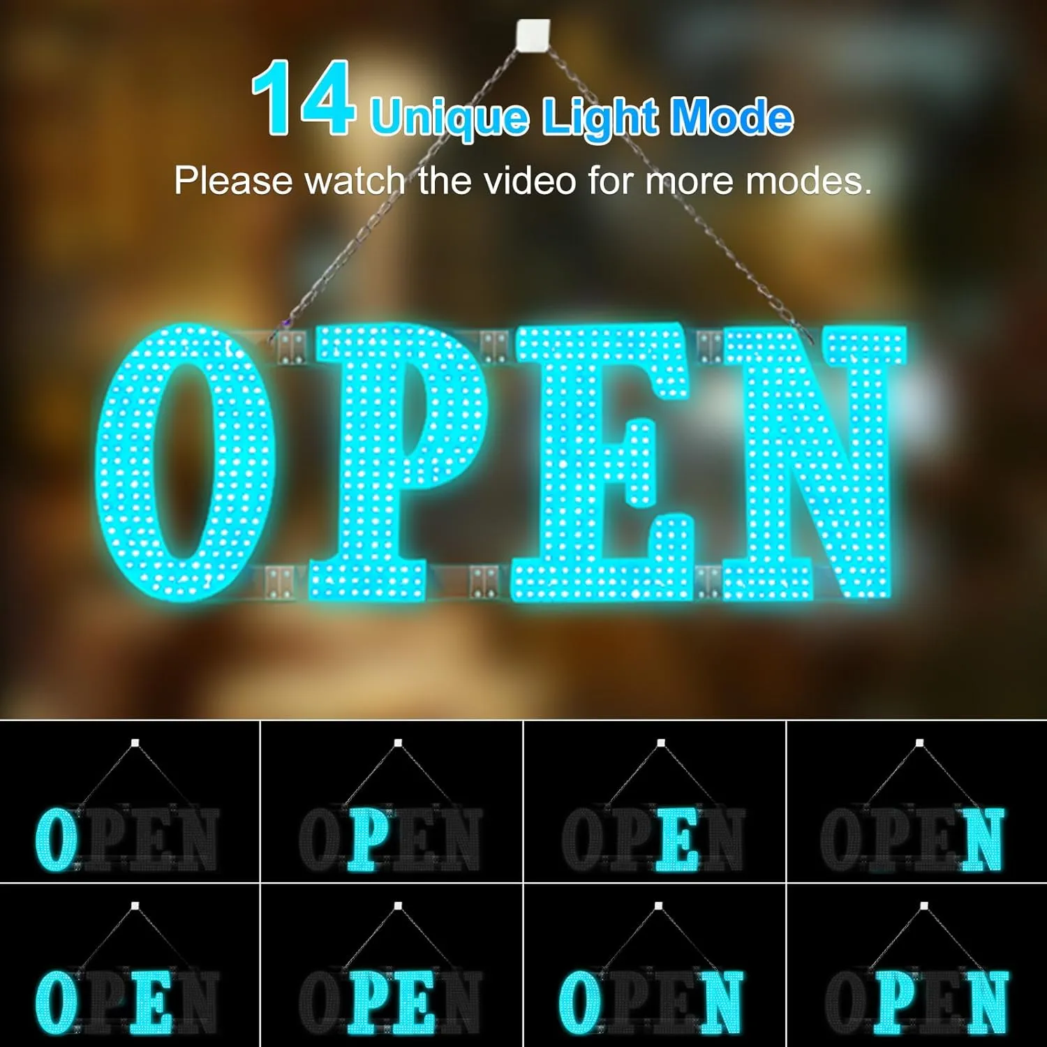Large LED Open Signs for Buiness with 13 Scene Modes, 40" x 14" Unique Design Ice Blue Open Sign for Business Hour Open Sign for Window Stores Retail and Restaurant