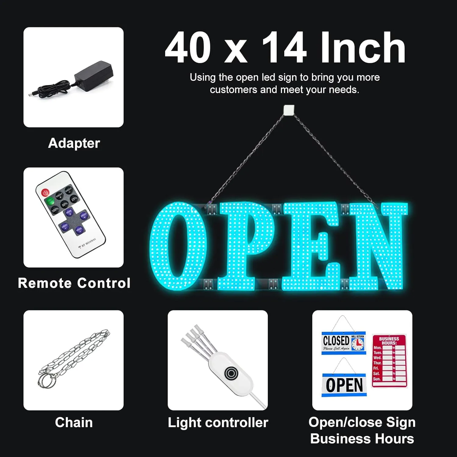 Large LED Open Signs for Buiness with 13 Scene Modes, 40" x 14" Unique Design Ice Blue Open Sign for Business Hour Open Sign for Window Stores Retail and Restaurant