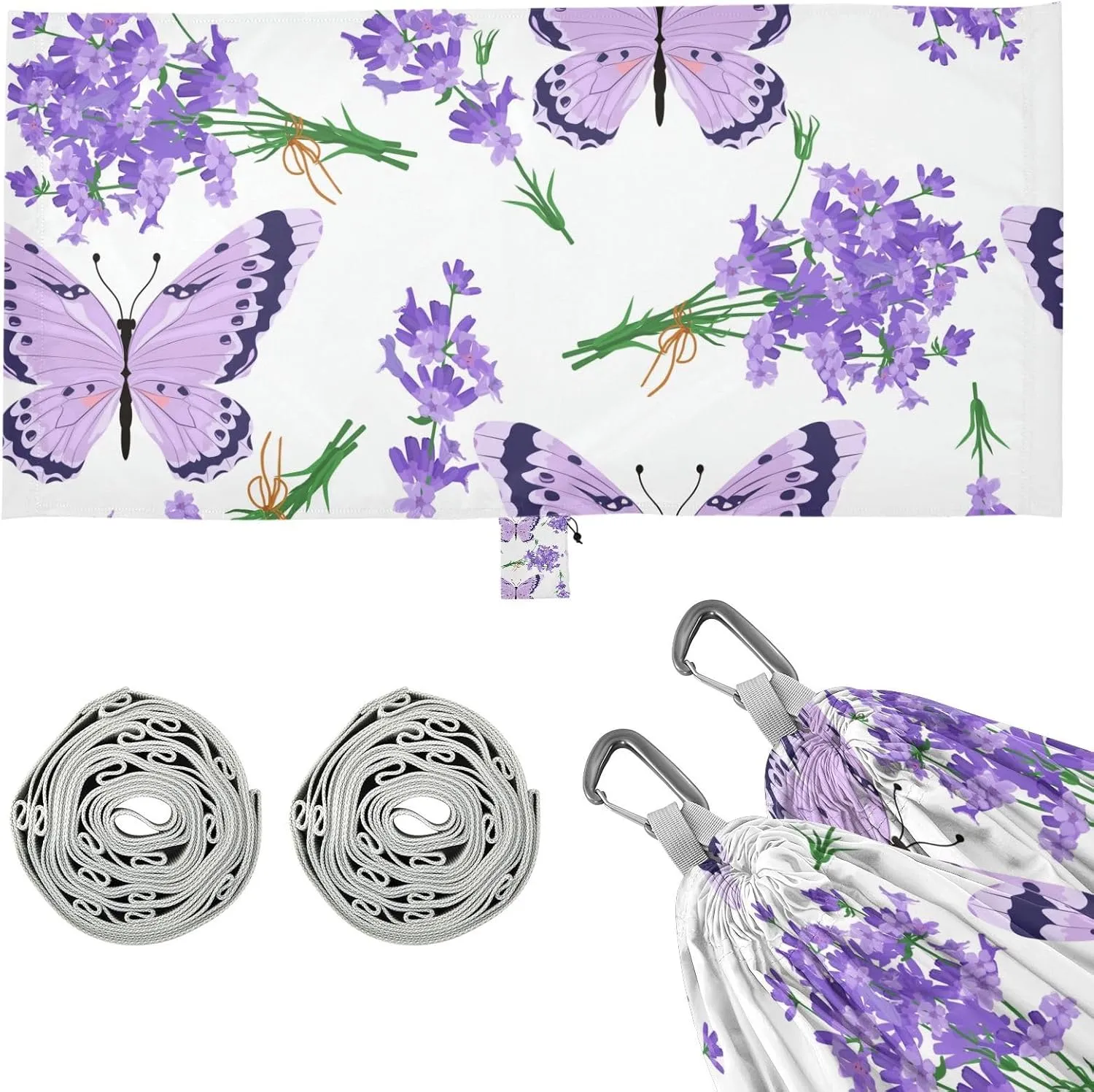 Lavender Purple Butterflies Camping Hammock Single Portable Hammocks 330 lbs Capacity with 2 Tree Straps and Attached Carry Bag,Perfect for Outdoor,Indoor,Beach,Camping,Travel