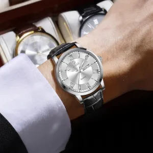 Leather Band Mens Watches with Day Date Quartz Analog Large Face Classic Watch Roman Numerals Dress Luminous Rlojes para Hombres