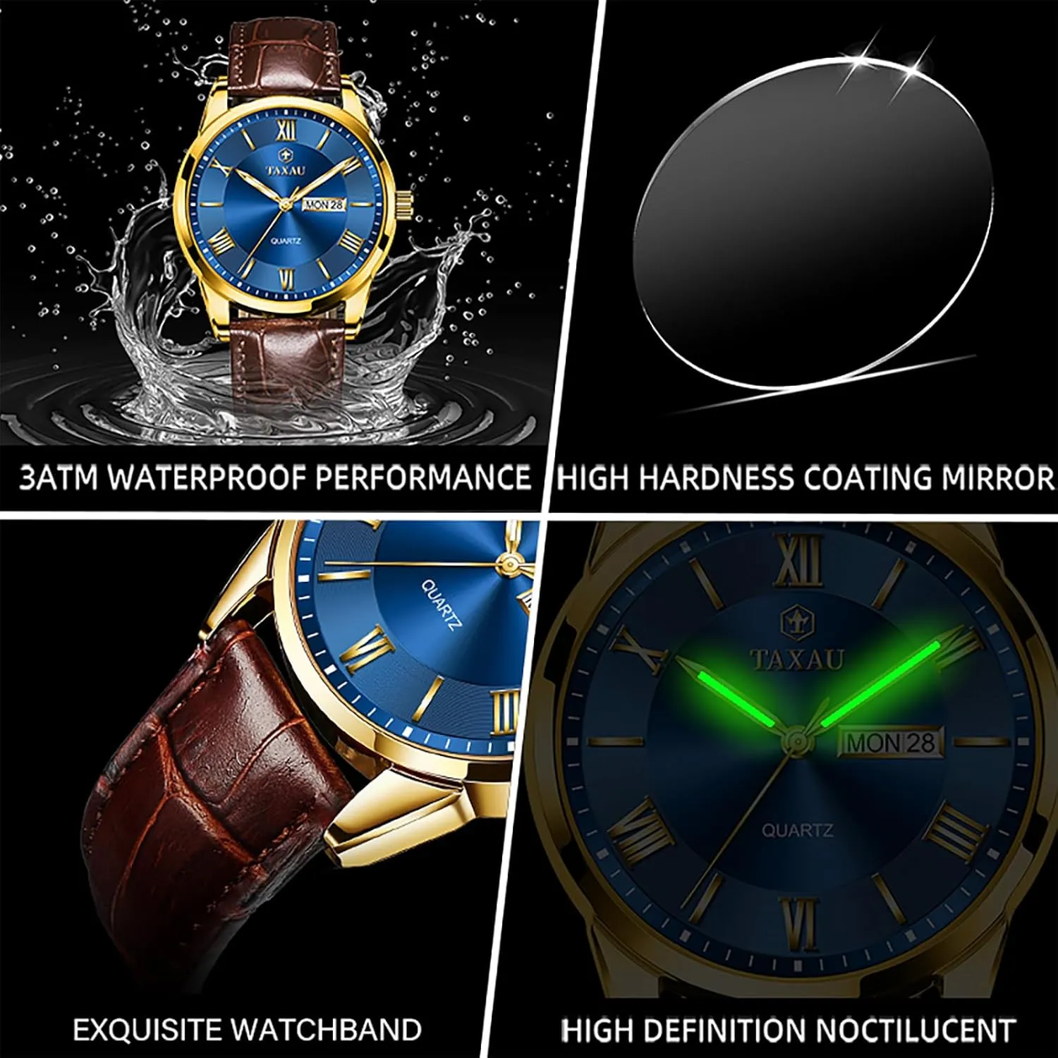 Leather Band Mens Watches with Day Date Quartz Analog Large Face Classic Watch Roman Numerals Dress Luminous Rlojes para Hombres