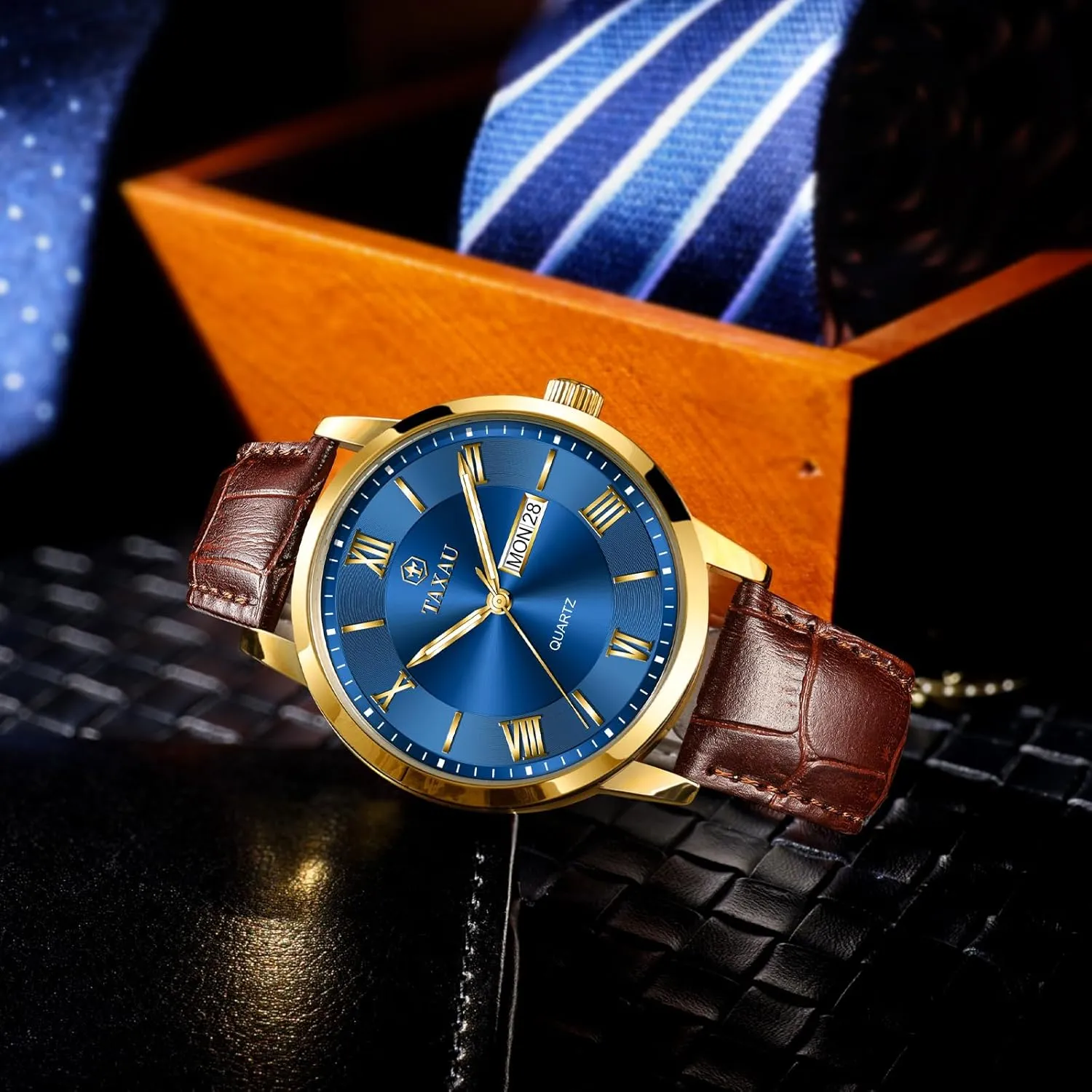 Leather Band Mens Watches with Day Date Quartz Analog Large Face Classic Watch Roman Numerals Dress Luminous Rlojes para Hombres