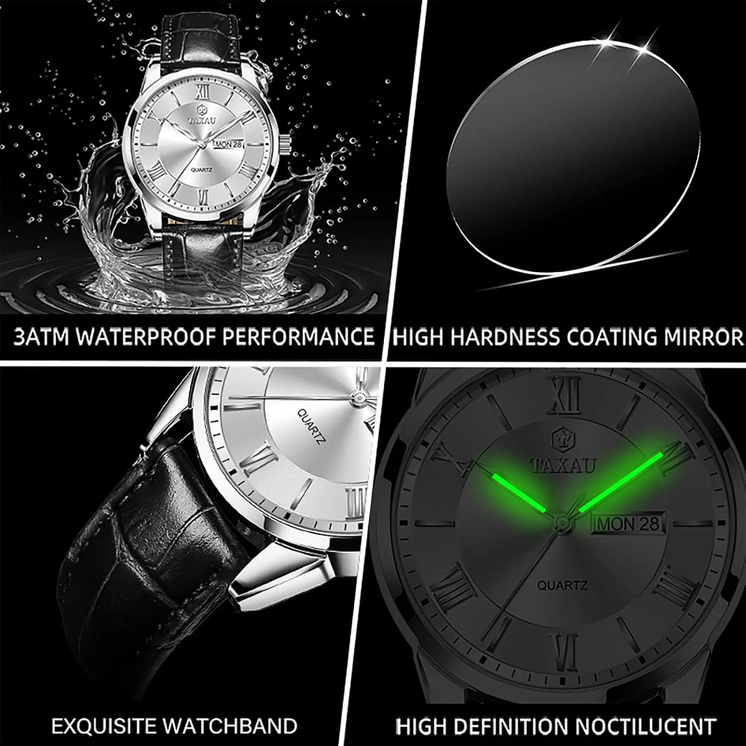 Leather Band Mens Watches with Day Date Quartz Analog Large Face Classic Watch Roman Numerals Dress Luminous Rlojes para Hombres