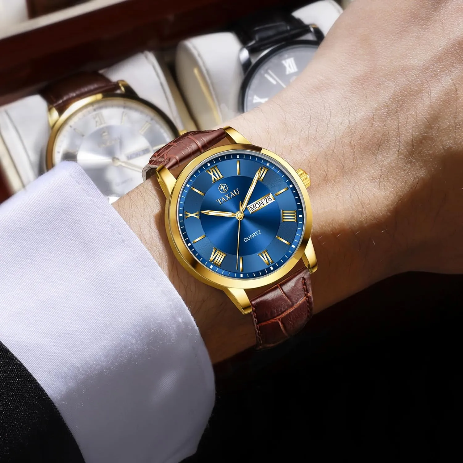 Leather Band Mens Watches with Day Date Quartz Analog Large Face Classic Watch Roman Numerals Dress Luminous Rlojes para Hombres