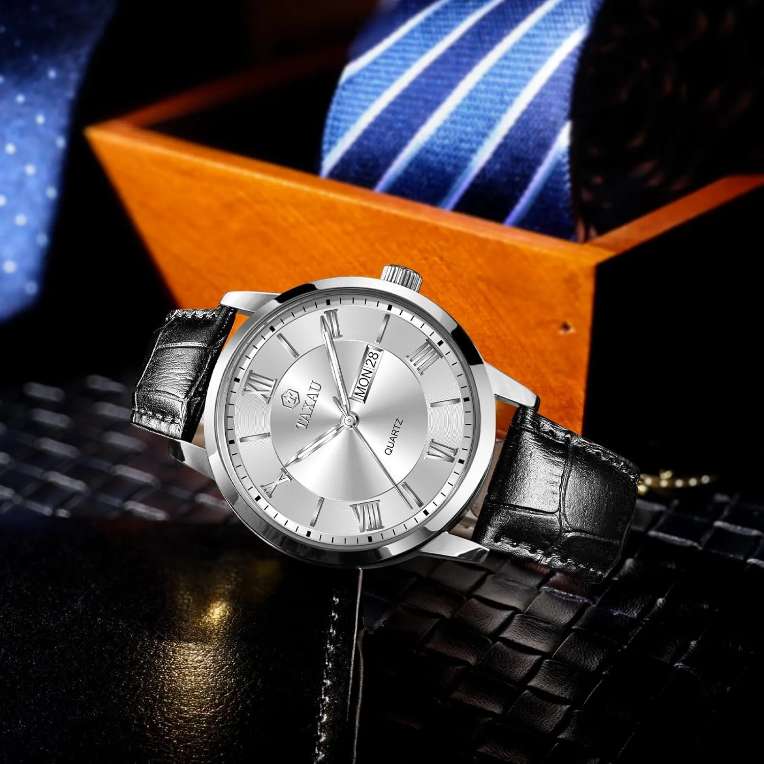 Leather Band Mens Watches with Day Date Quartz Analog Large Face Classic Watch Roman Numerals Dress Luminous Rlojes para Hombres